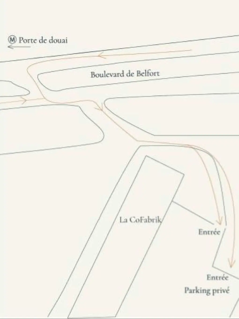 Plan indiquant comment acceder en voiture ou à Pied à l'atelier d'Inès hayaud au sein de la Cofabrik